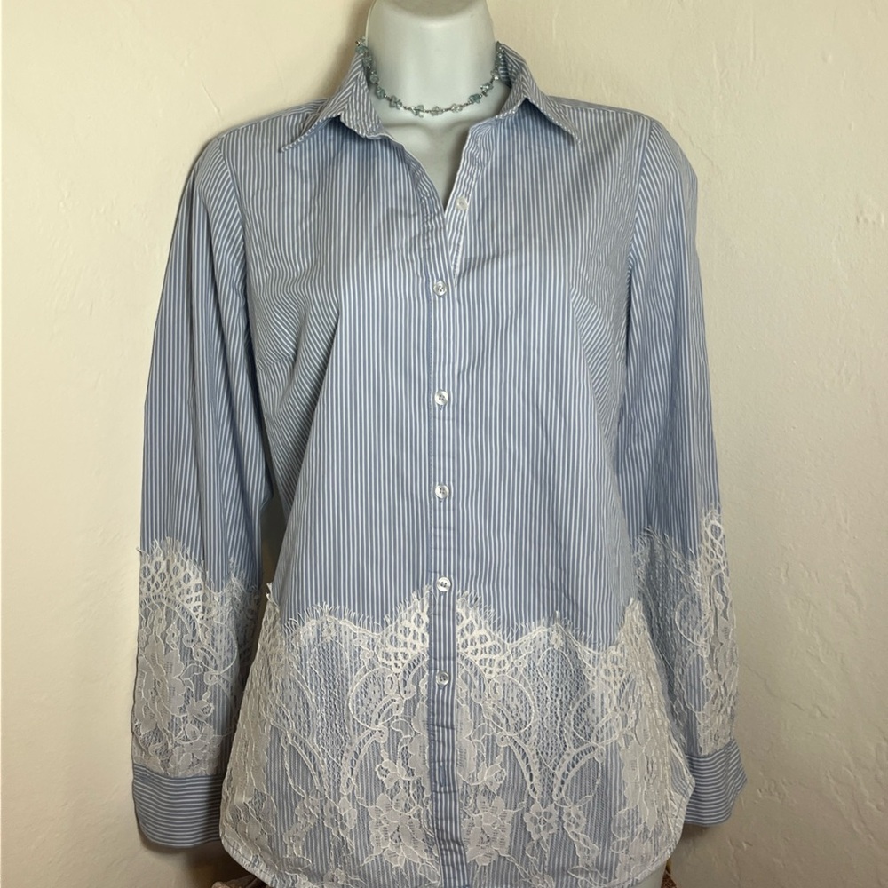 Women's Blue Striped Button Down Shirt with Lace Detail